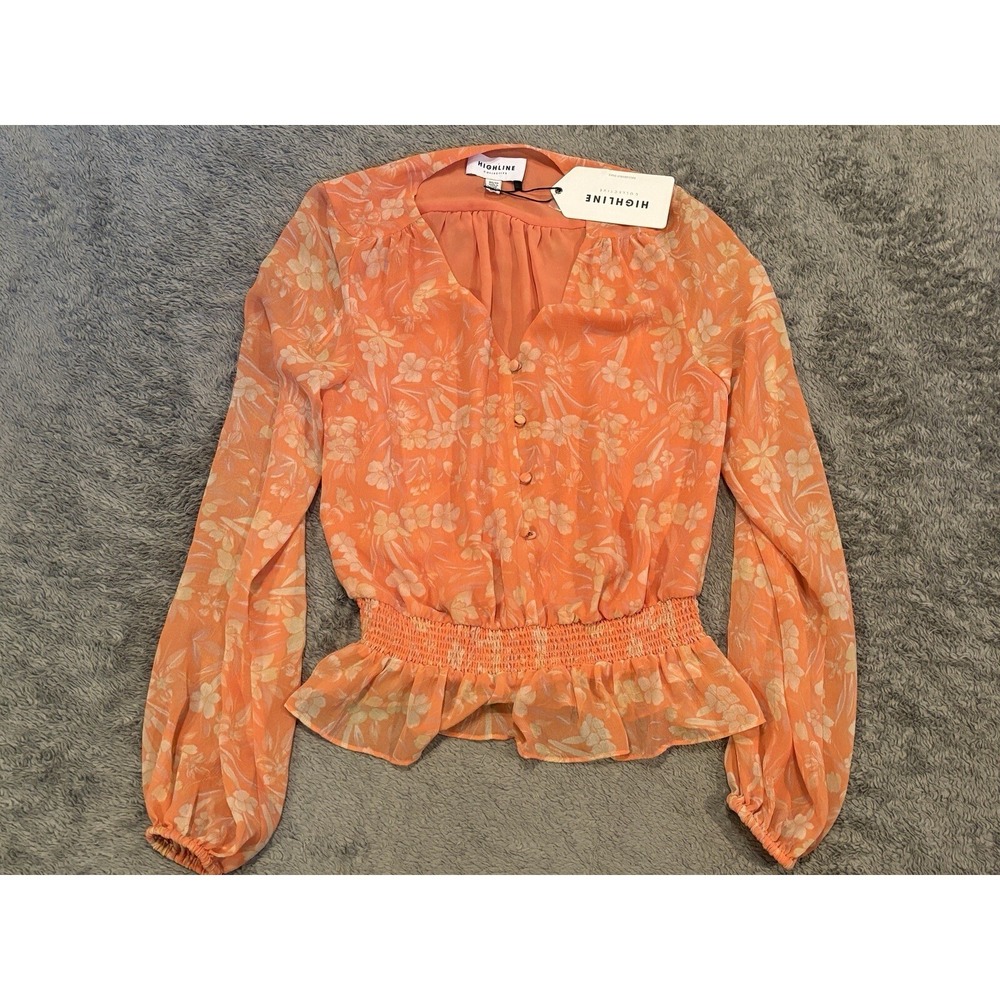 NWT Highline Collection Blouse Womens XS Floral Sheer Button Top Long Sleeve